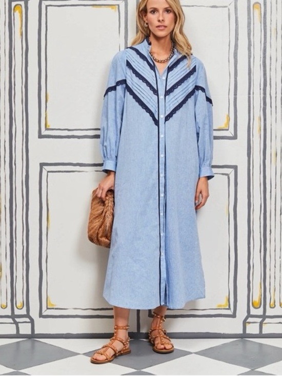 Pomander Place Dresses & Skirts - Pomander Place Tuckernuck Blue Linen Blend Lace Trim Maxi Shirt Dress XXL